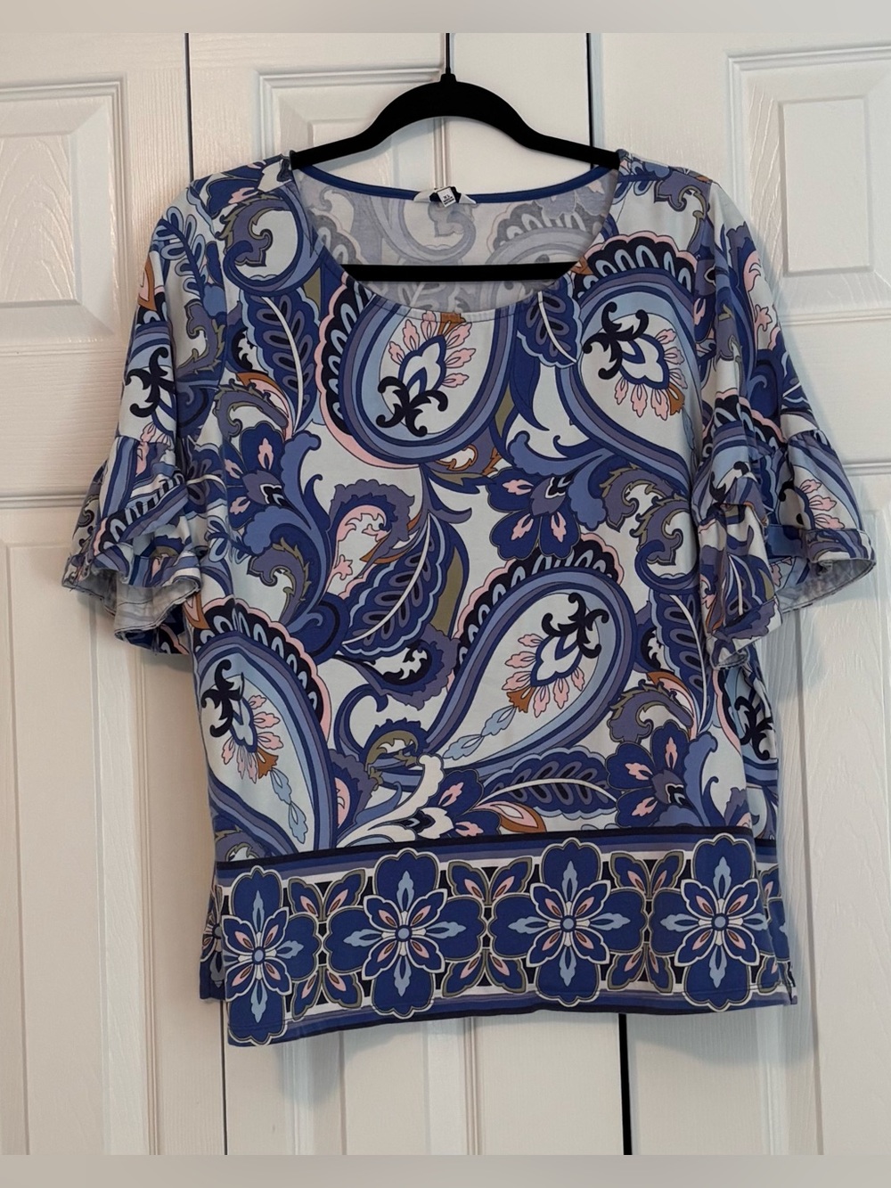 crown & ivy Blue Paisley Flutter-Sleeve Blouse with Pink Accents